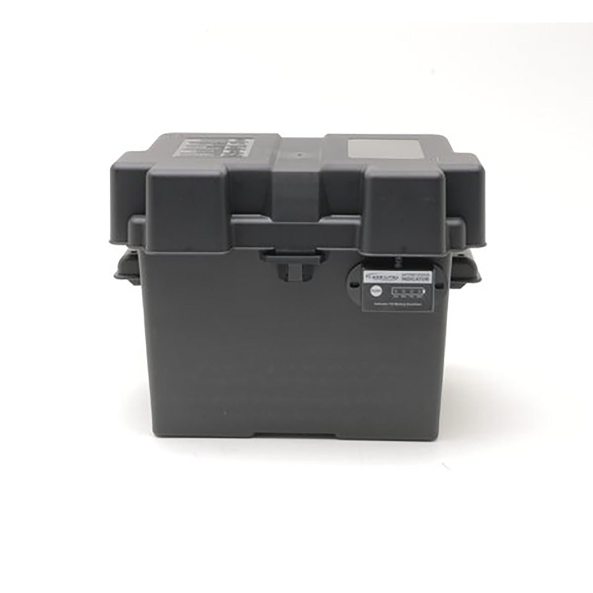 Black storage box with labels on a white background