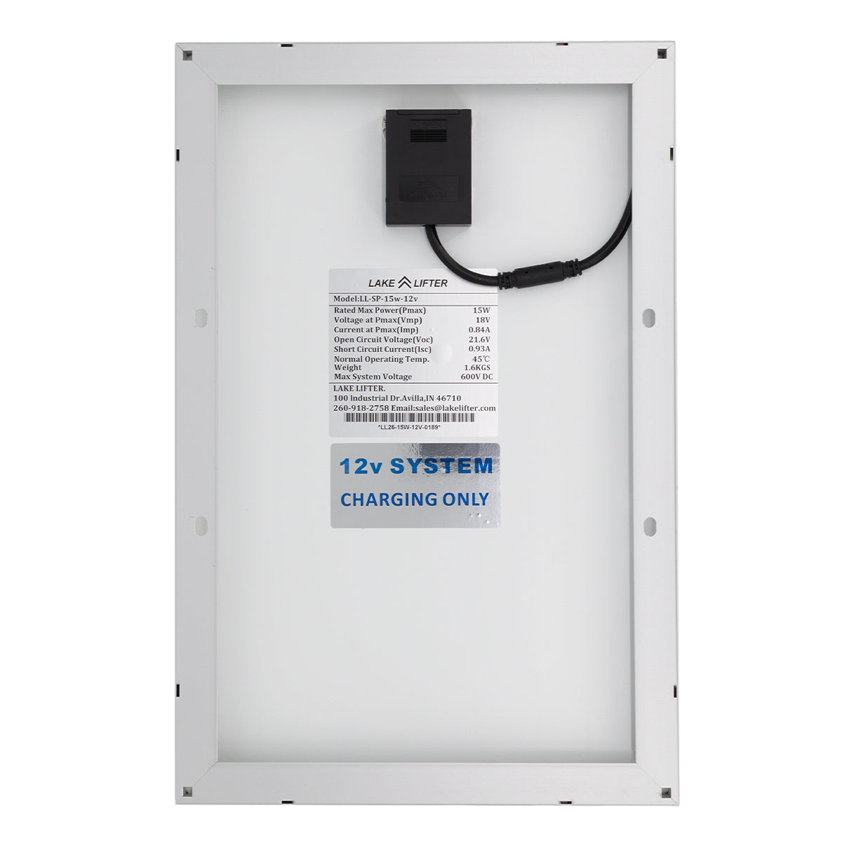 Back of the 15W 12V HD solar panel showing the junction box and 12V system label