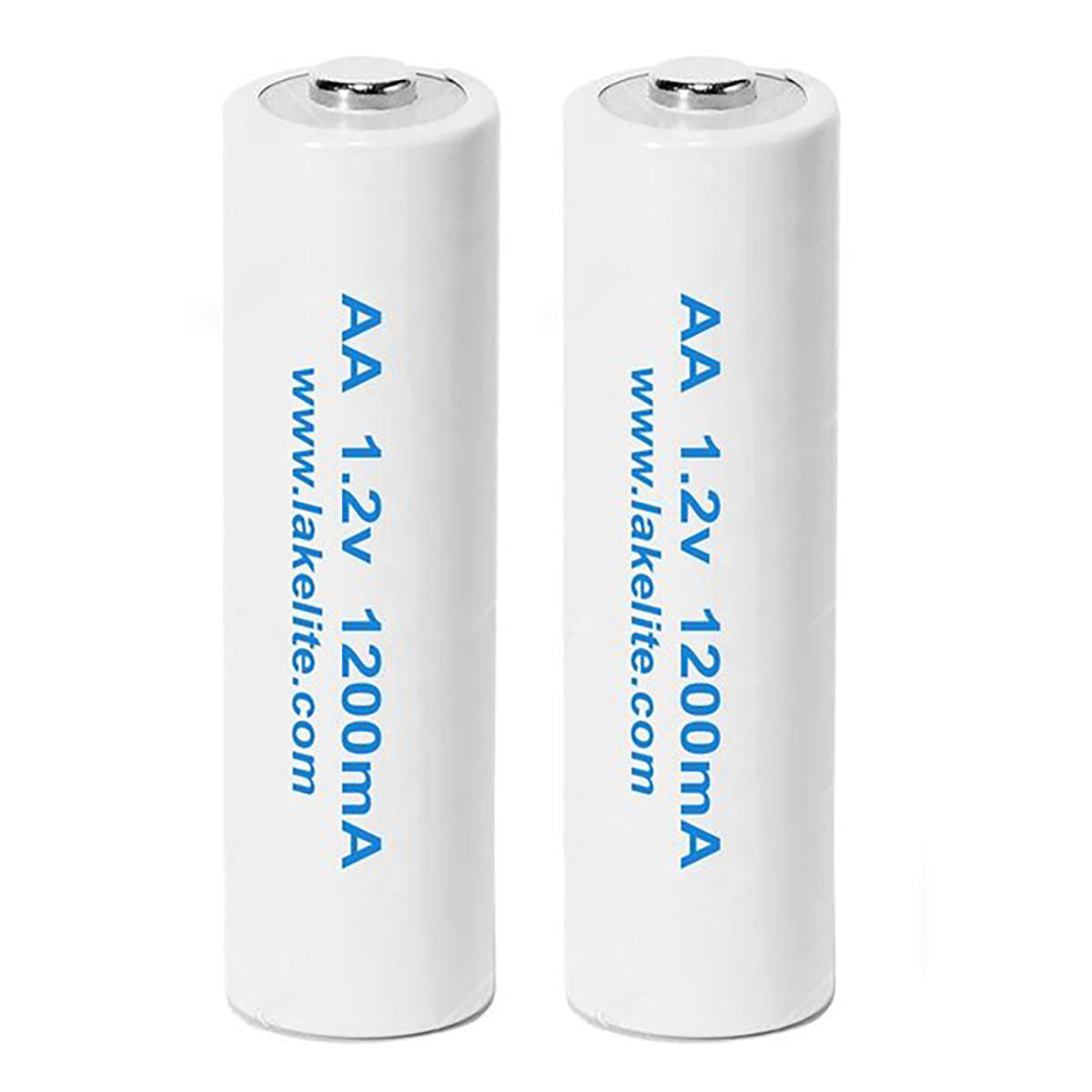 Two white AA batteries with blue text on a white background