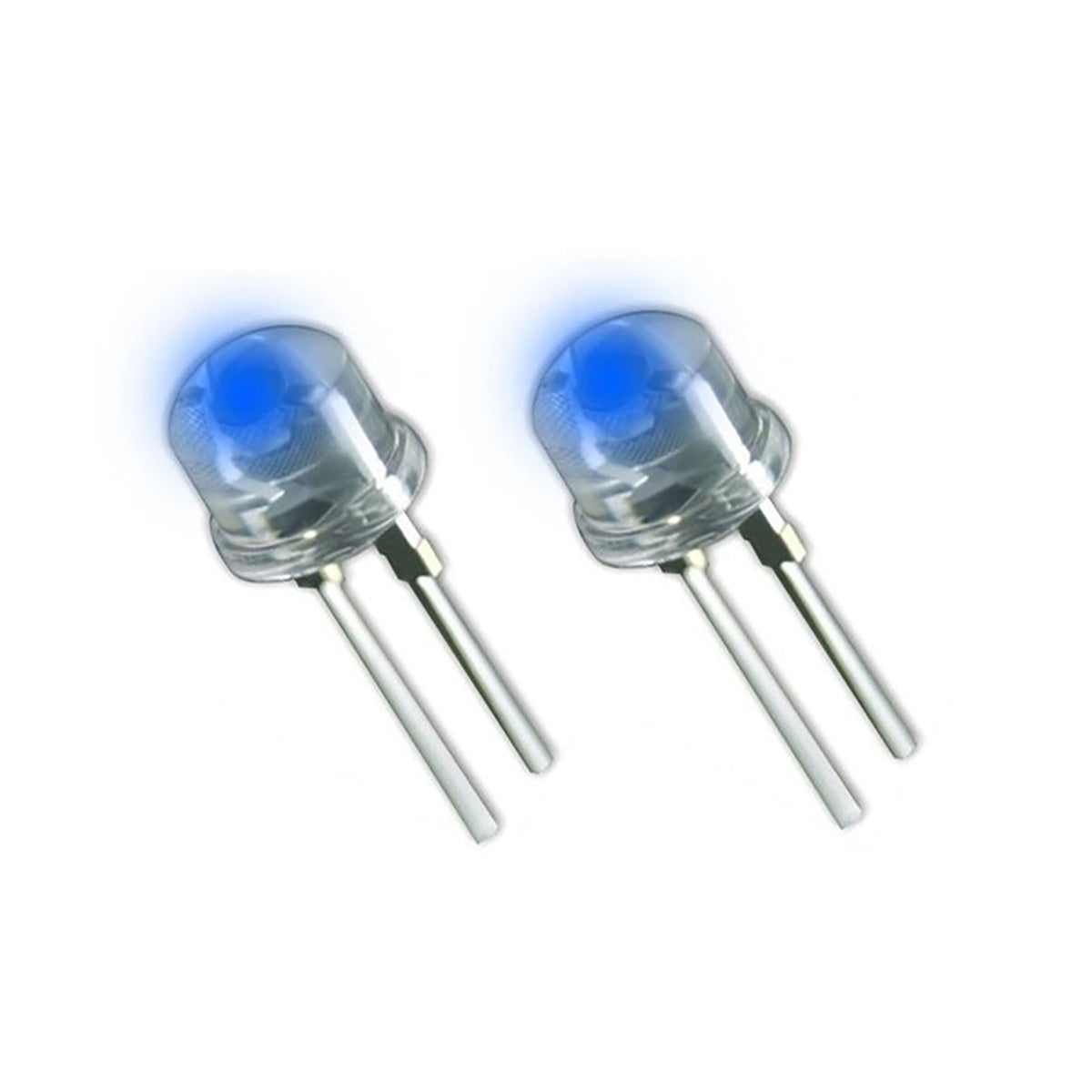Two blue LED lights on a white background