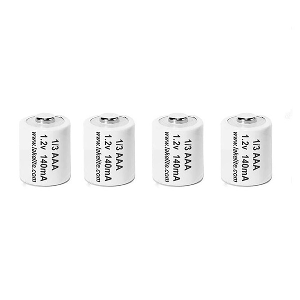 Four white AAA batteries with labels on a white background