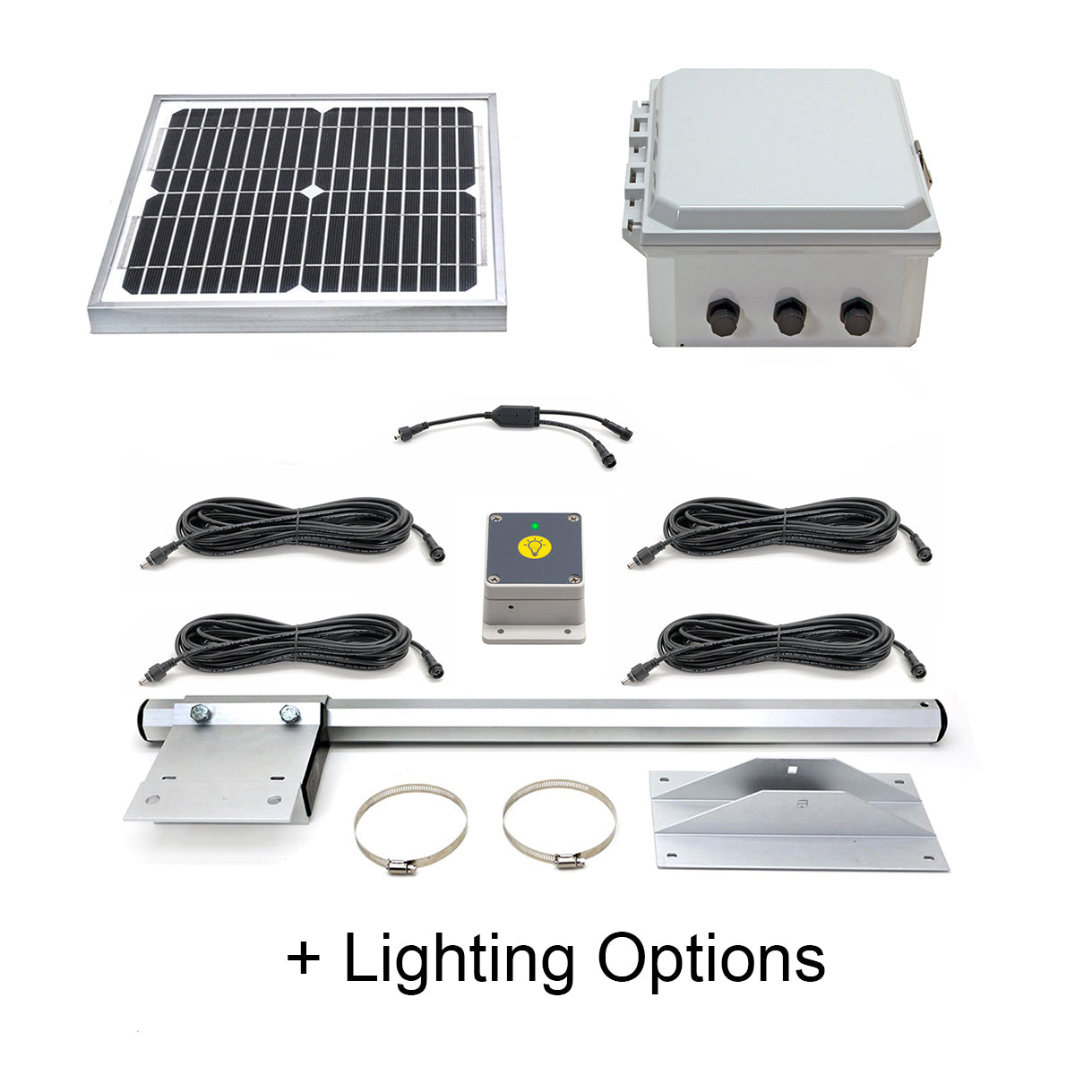 Collection of solar panel components and accessories on a white background