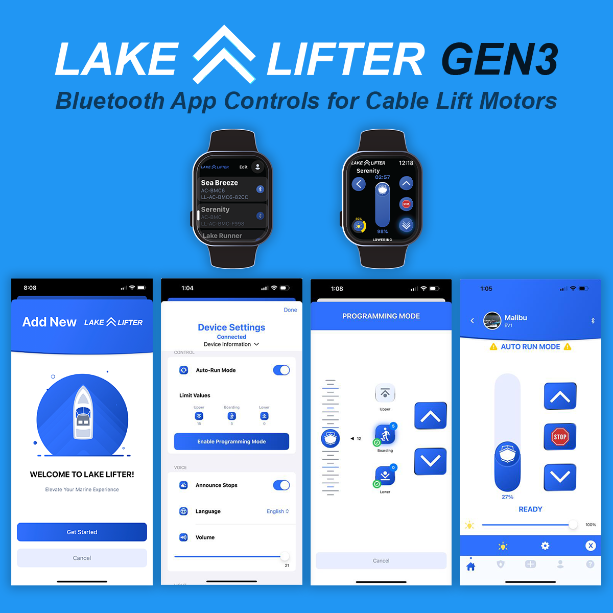Lake Lifter Gen3 Bluetooth App Controls for Cable Lift Motors with smartphone app interfaces on a blue background.