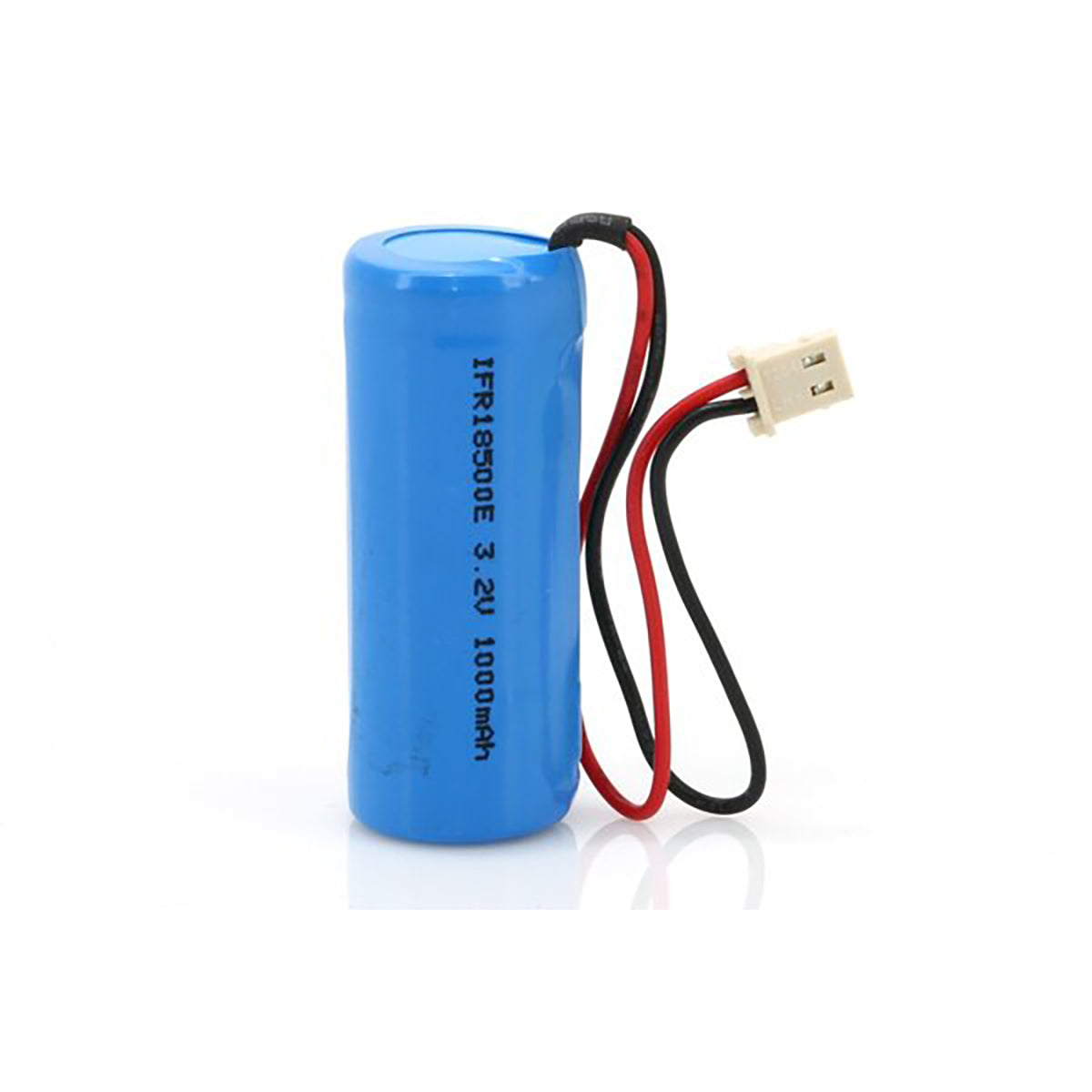 Blue battery with red and black wires on a white background