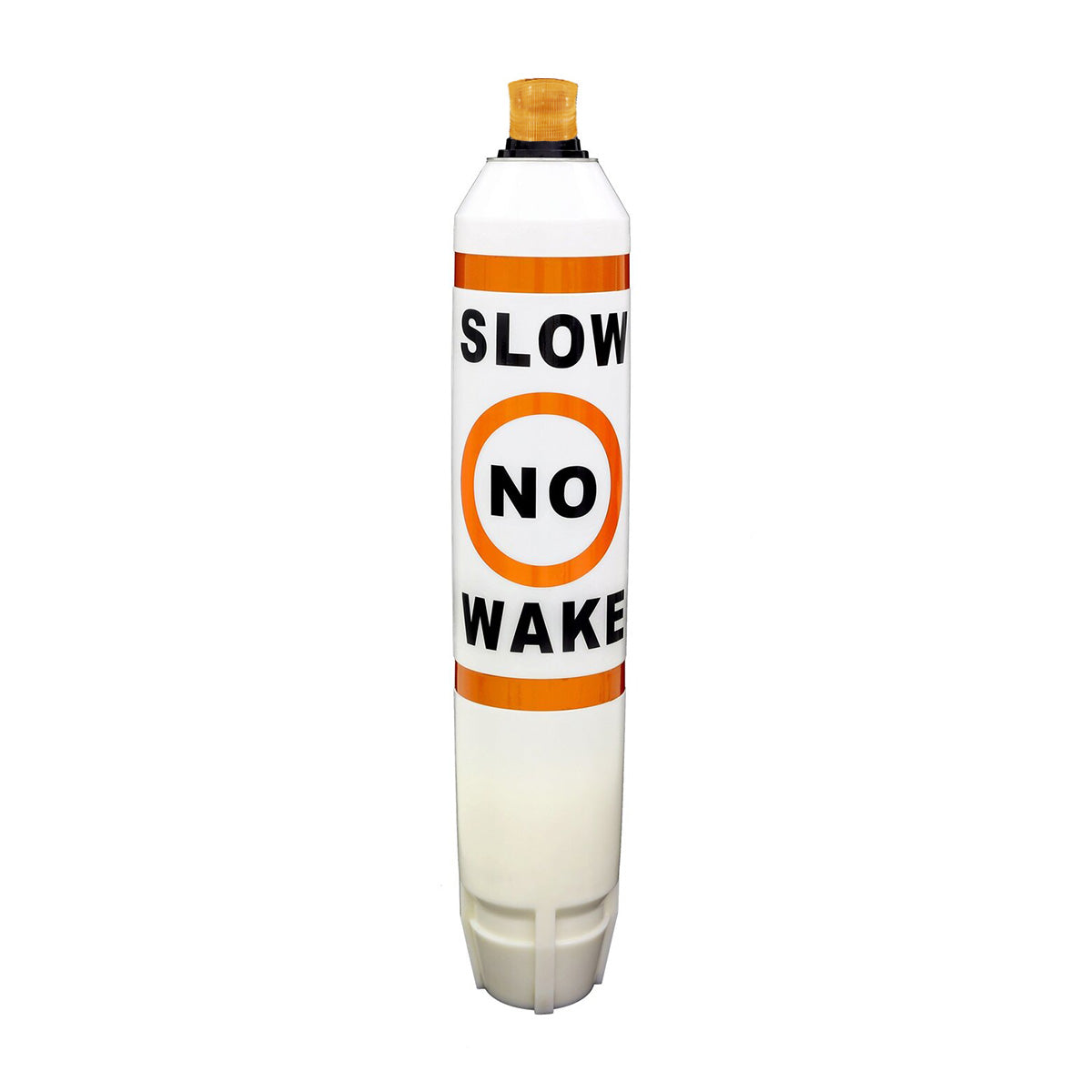 White buoy with 'SLOW NO WAKE' text and symbols on a white background