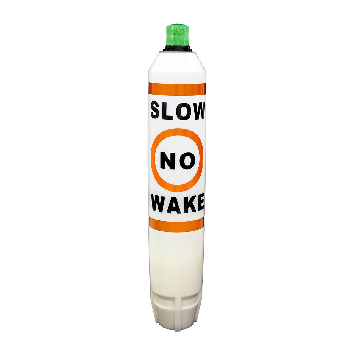 No wake zone buoy with 'Slow No Wake' text on a white background