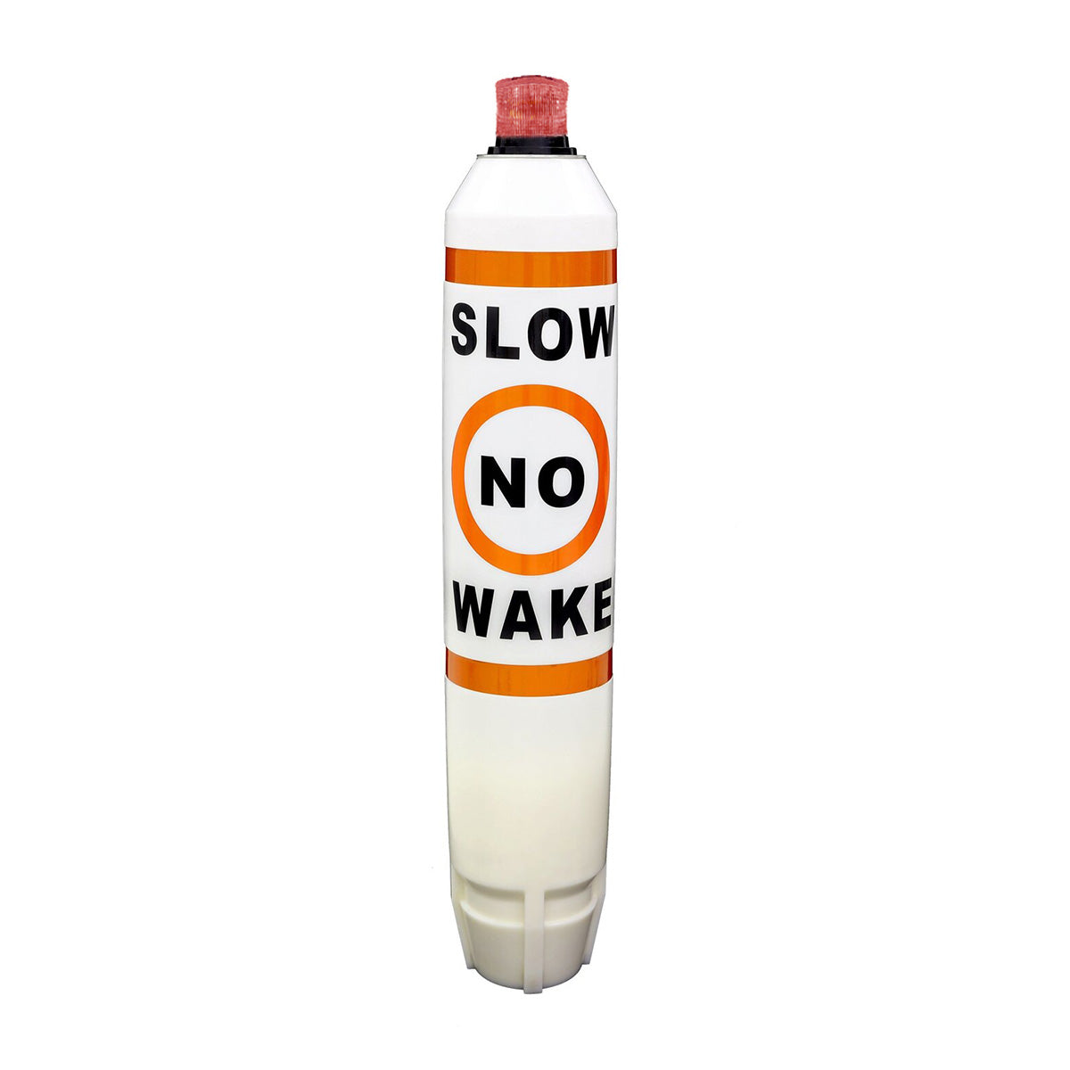 No wake zone buoy with 'Slow No Wake' text on a white background