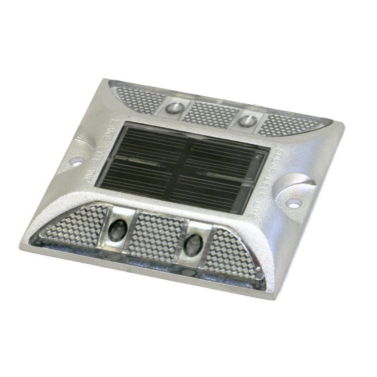 A silver-colored solar deck light with a solar panel on top and LED lights integrated into the design.