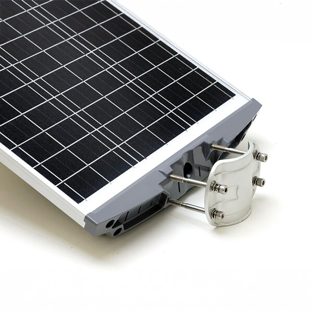 Solar panel with mounting bracket on a white background