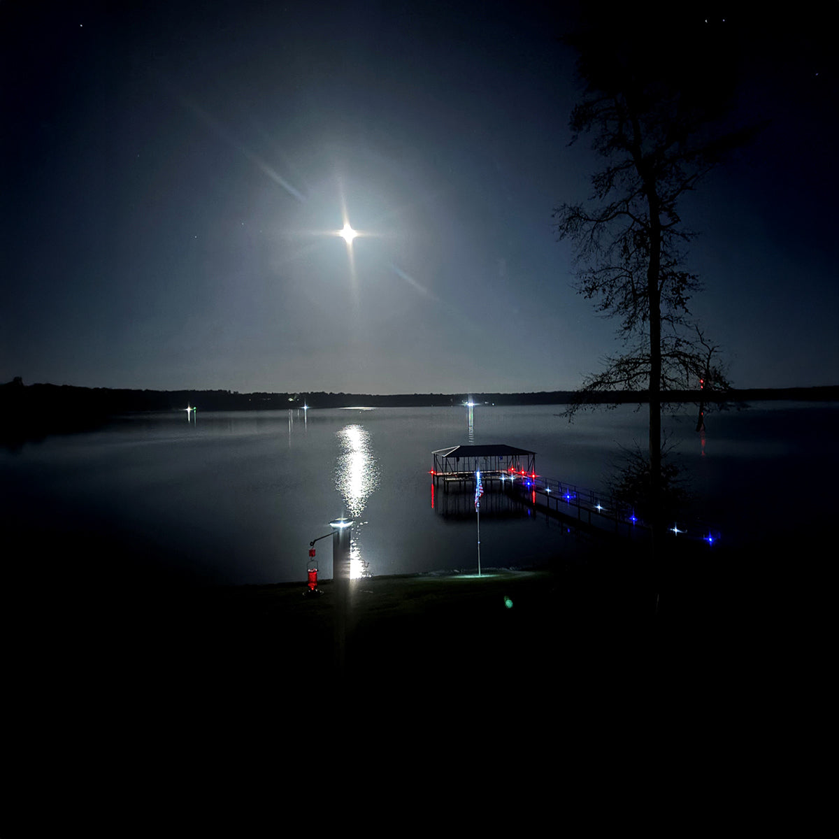 Distant light source over a lake at night with a dock and tree silhouette.