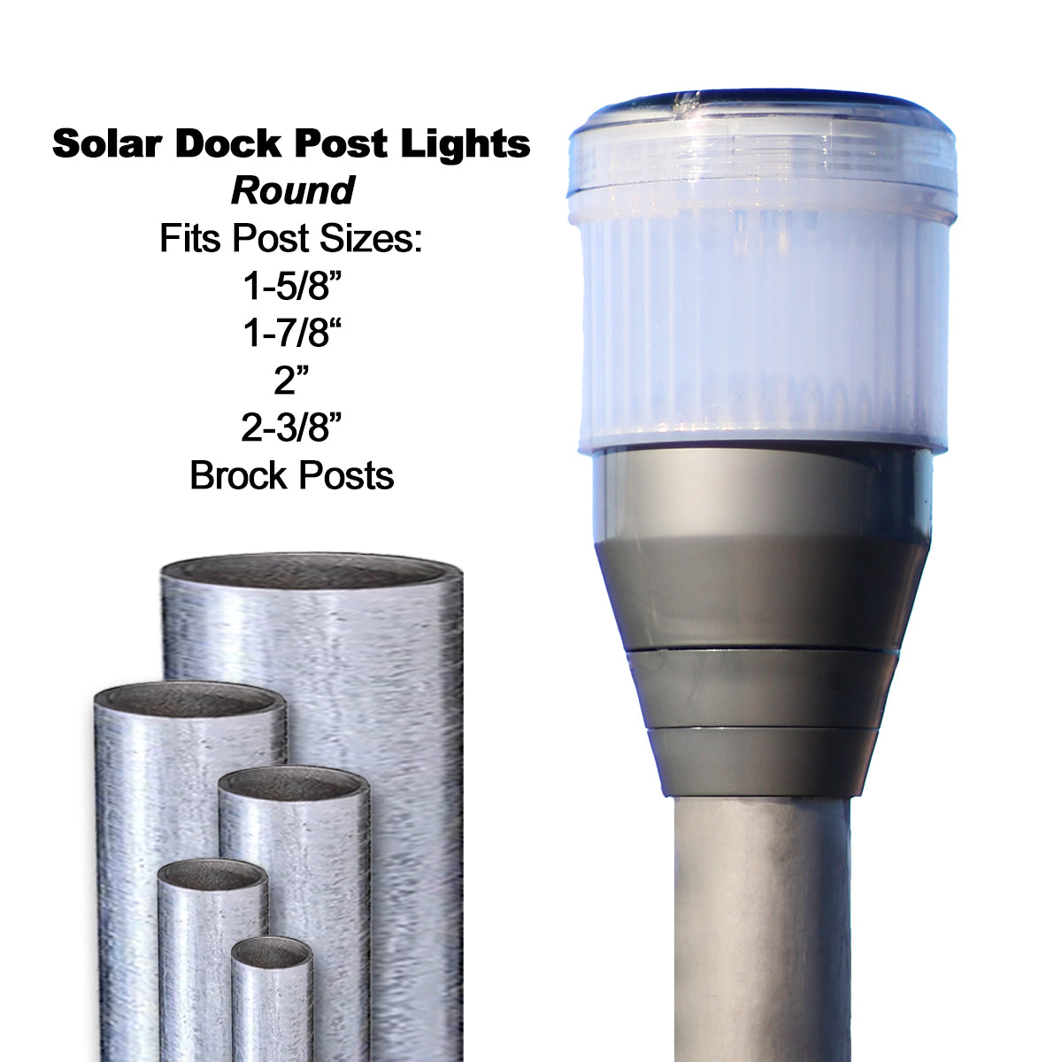 Solar dock post lights with size compatibility information on a white background