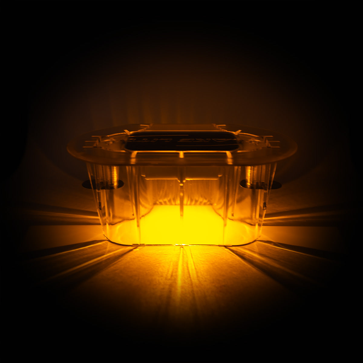 Amber-colored light bulb in a clear holder on a dark background