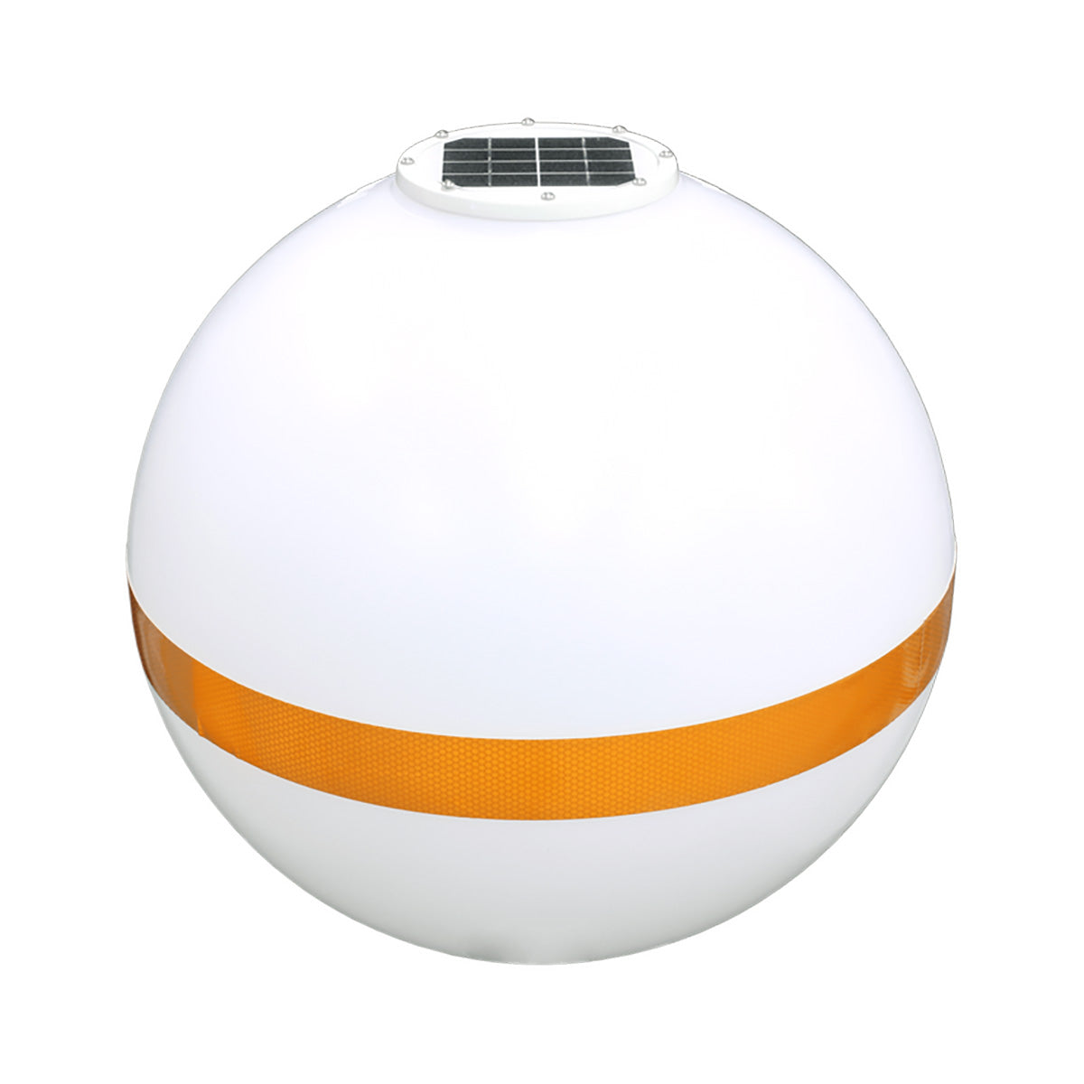 White spherical object with an orange band and solar panel on a white background