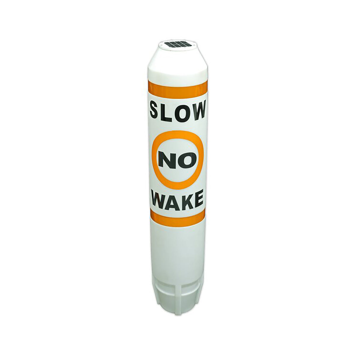 cylindrical sign with 'SLOW NO Wake' text on a white background