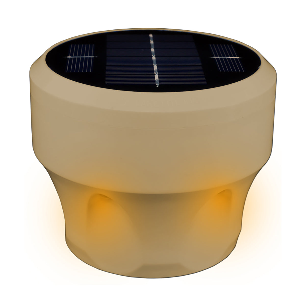 Beige solar light with a black solar panel on top, glowing softly.