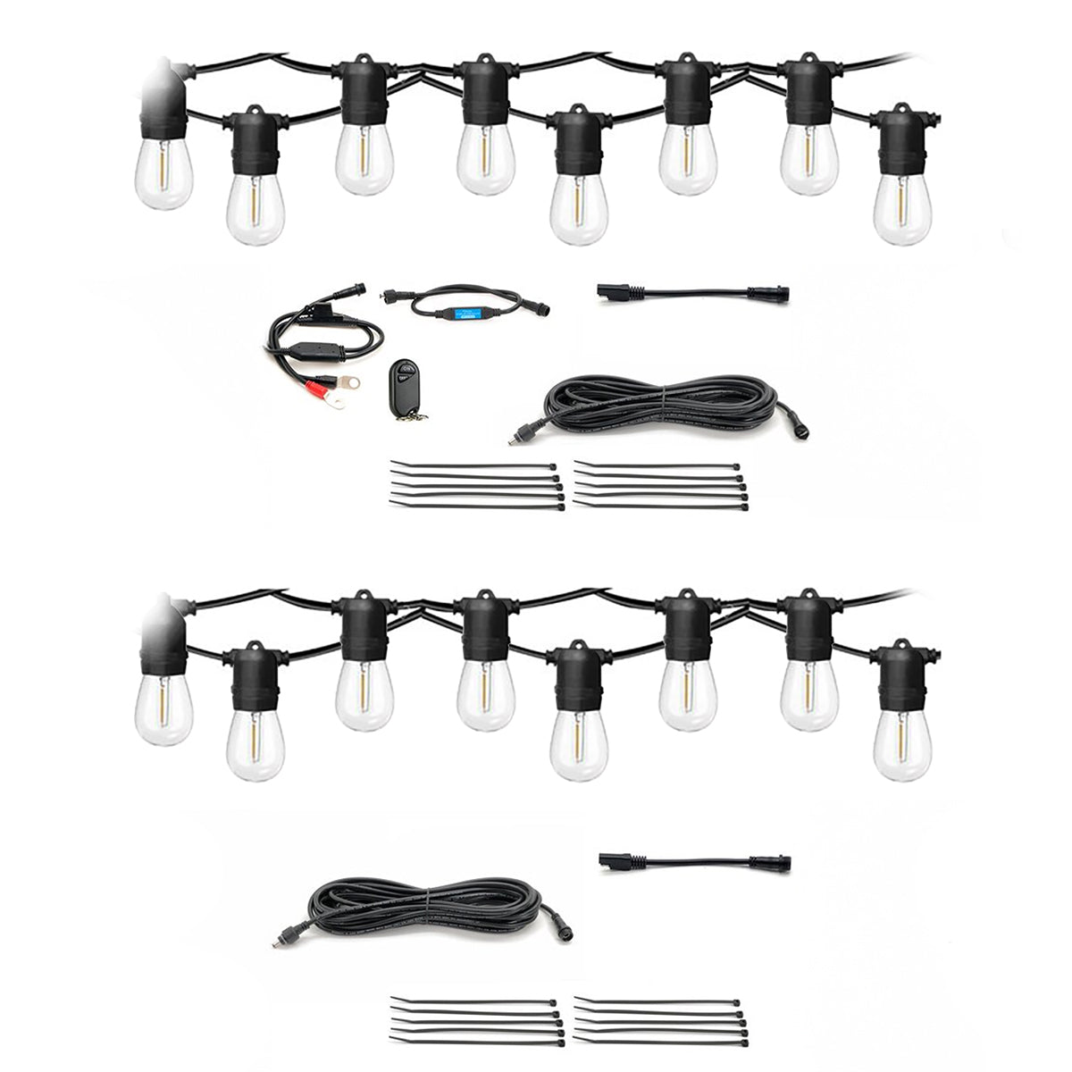 Outdoor string light kit with bulbs, connectors, and wiring on a white background