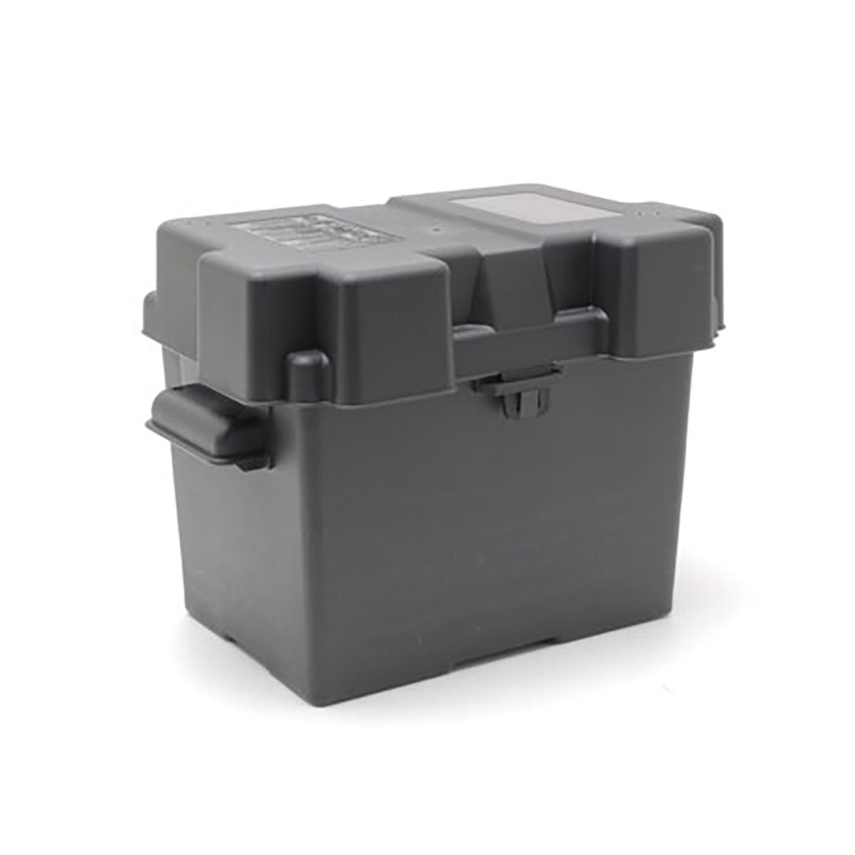 Group 27 12V battery box with lid closed, angled view