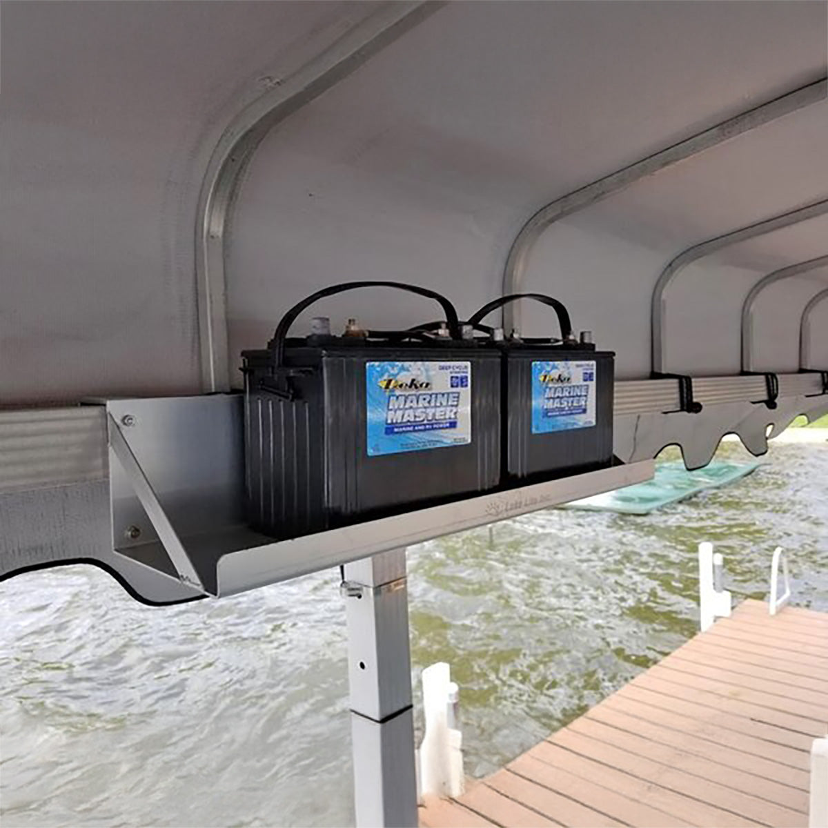Dual hanging battery tray with two marine batteries installed under a boat lift canopy