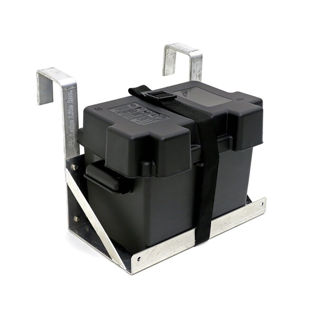 Single hanging battery tray with square arms and battery box, angled view