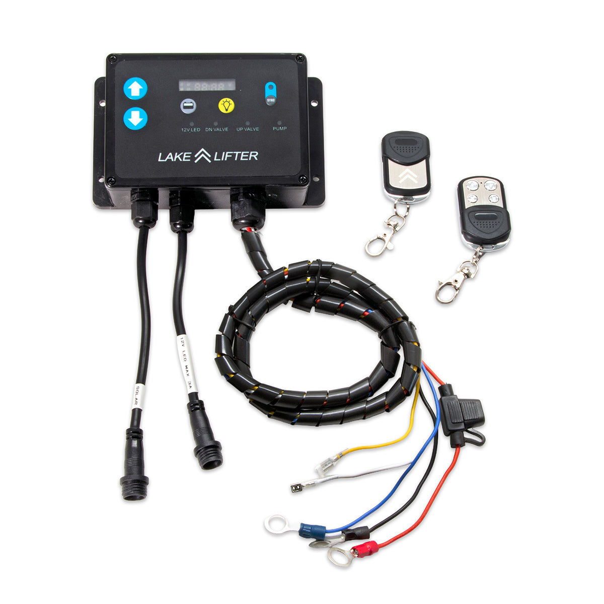 Lake Lifter 12V/24V wireless hydraulic boat lift controller with wiring harness and remotes