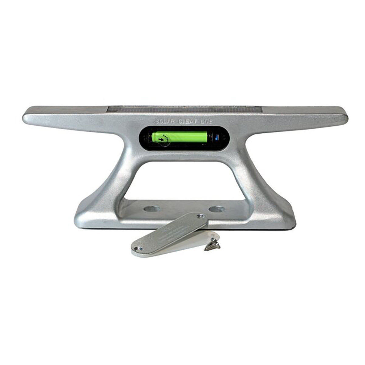 10-inch aluminum solar cleat light glowing green, shown with its mounting plate