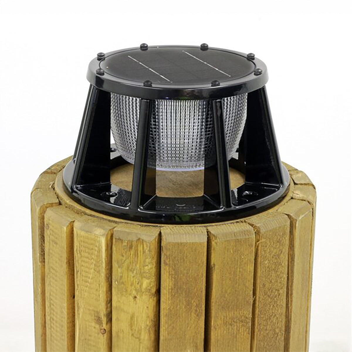 Solar piling light with 3 color LED options mounted on a wooden piling