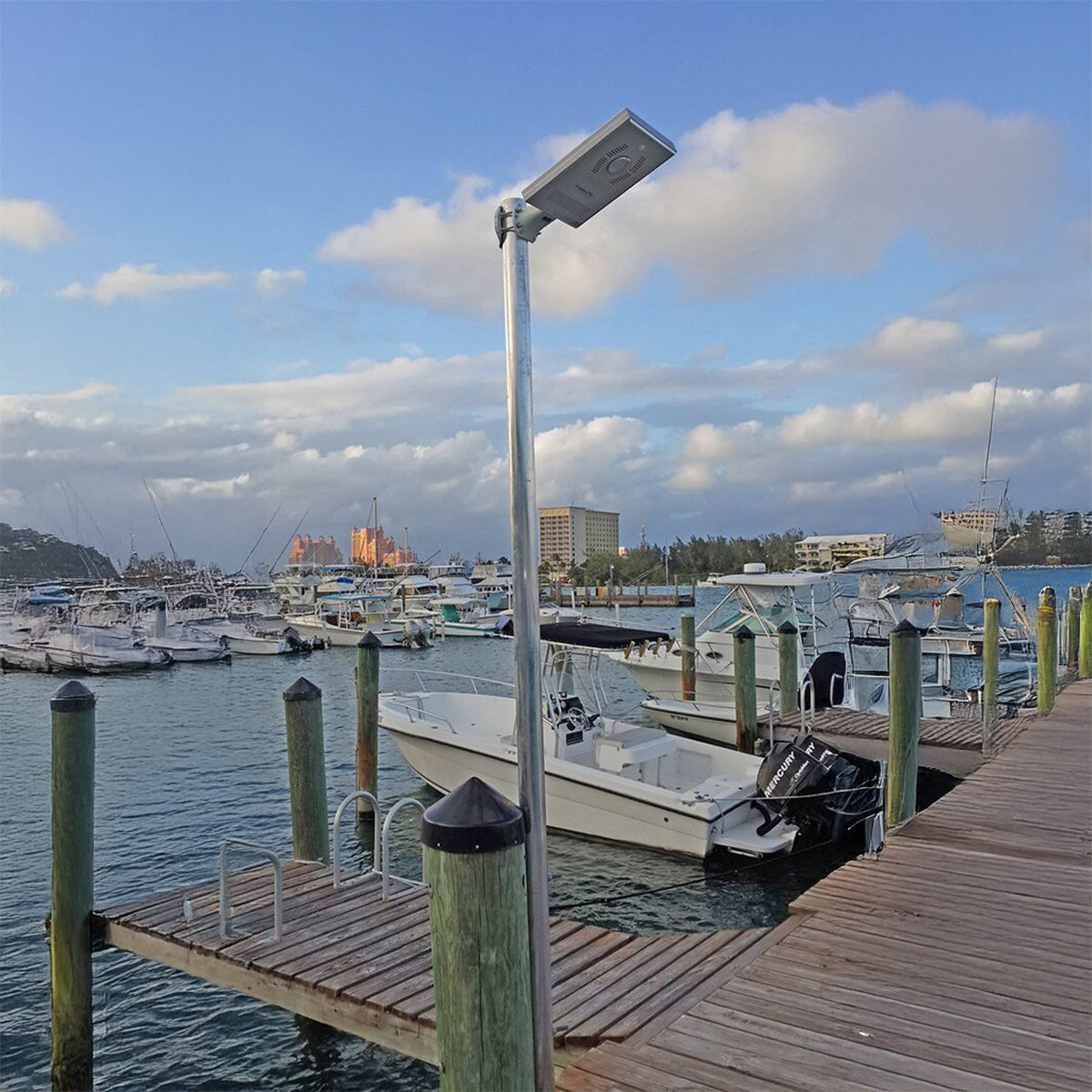 Marina scene with dock, boats, and a street light under a cloudy sky.