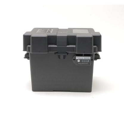 Black storage box with labels on a white background