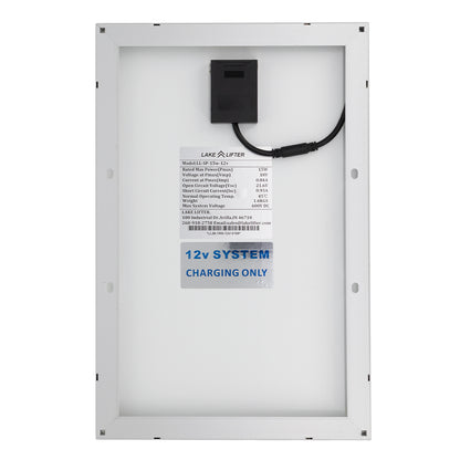 Back of the 15W 12V HD solar panel showing the junction box and 12V system label