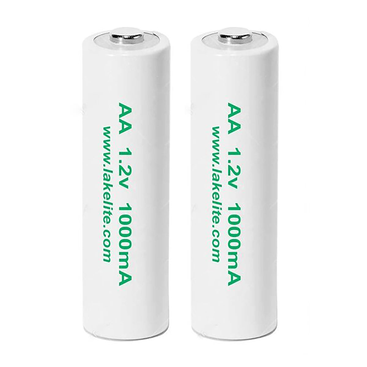Two white AA batteries with green text on a white background
