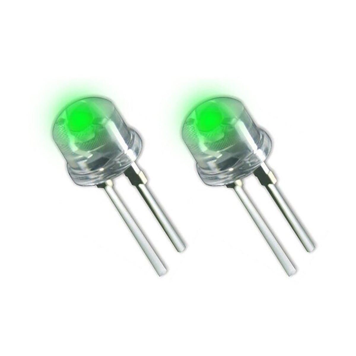 Two green LED lights on a white background