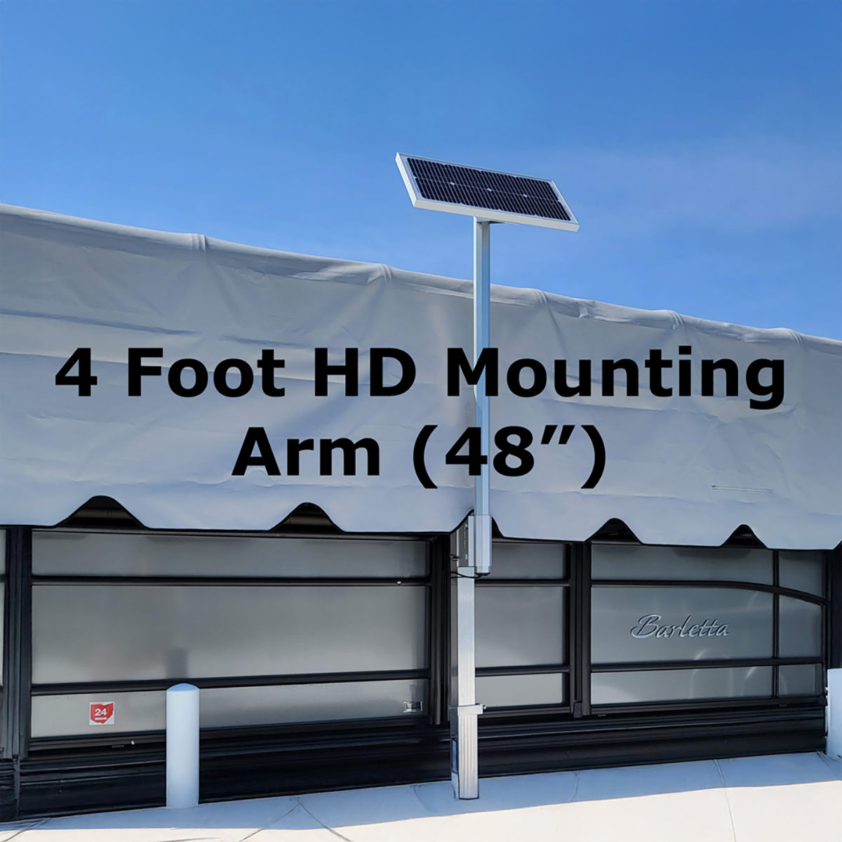 Solar panel on a 4-foot HD mounting arm with a clear sky background