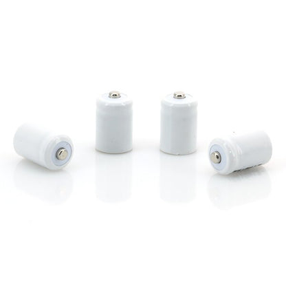 Four cylindrical white batteries on a white background