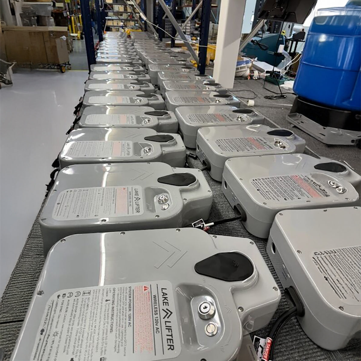 Row of Lake Lifters on a warehouse floor