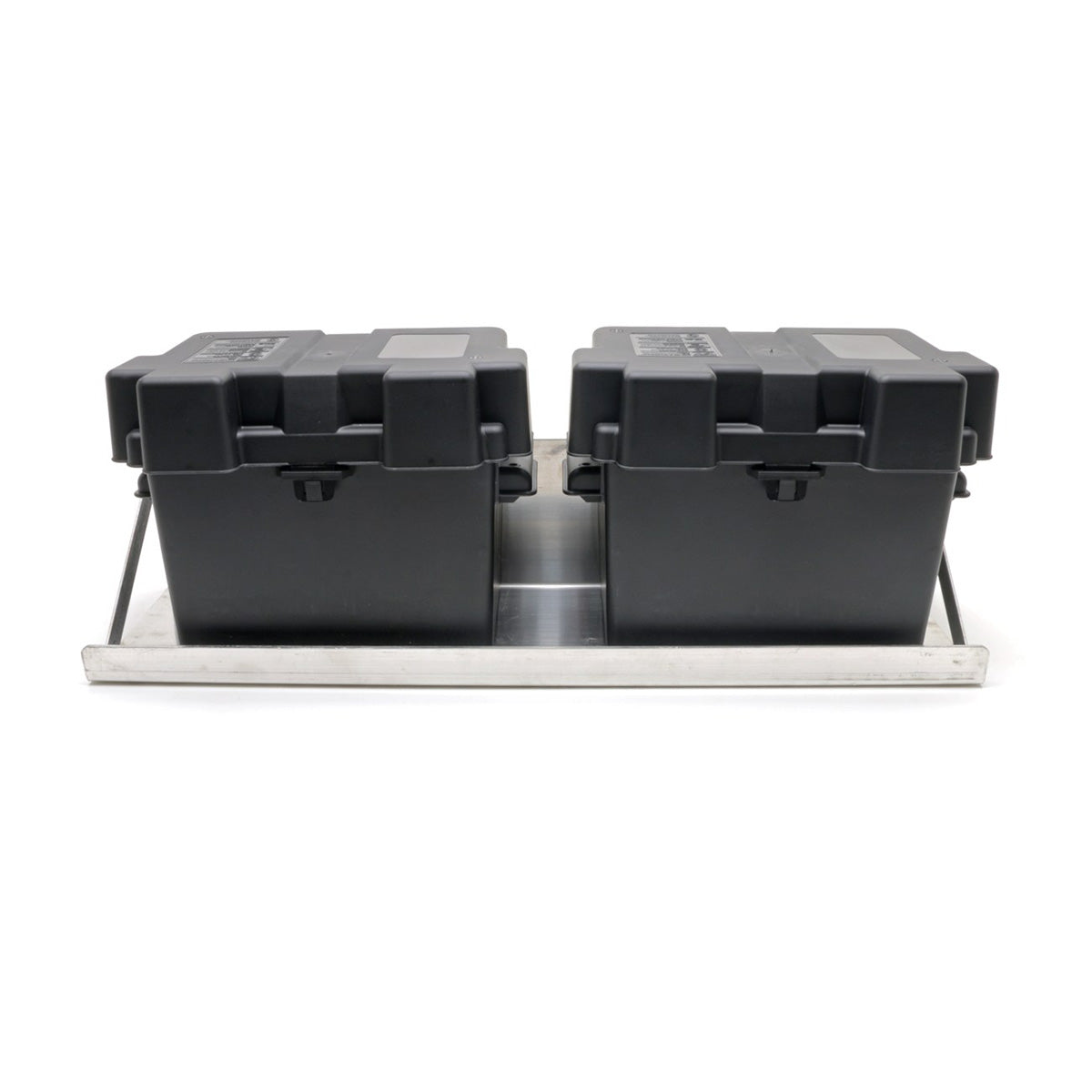 Two black storage boxes on a metal tray with a white background