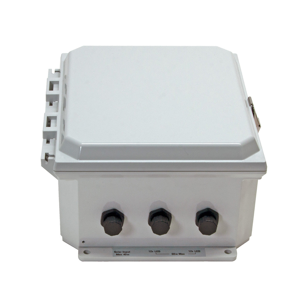 White electrical enclosure with three black knobs on a white background