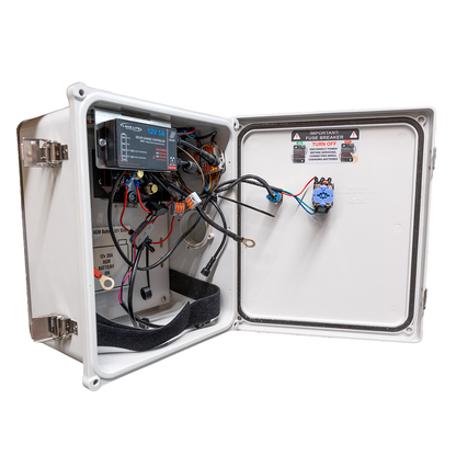 Electrical panel with wires and components on a white background