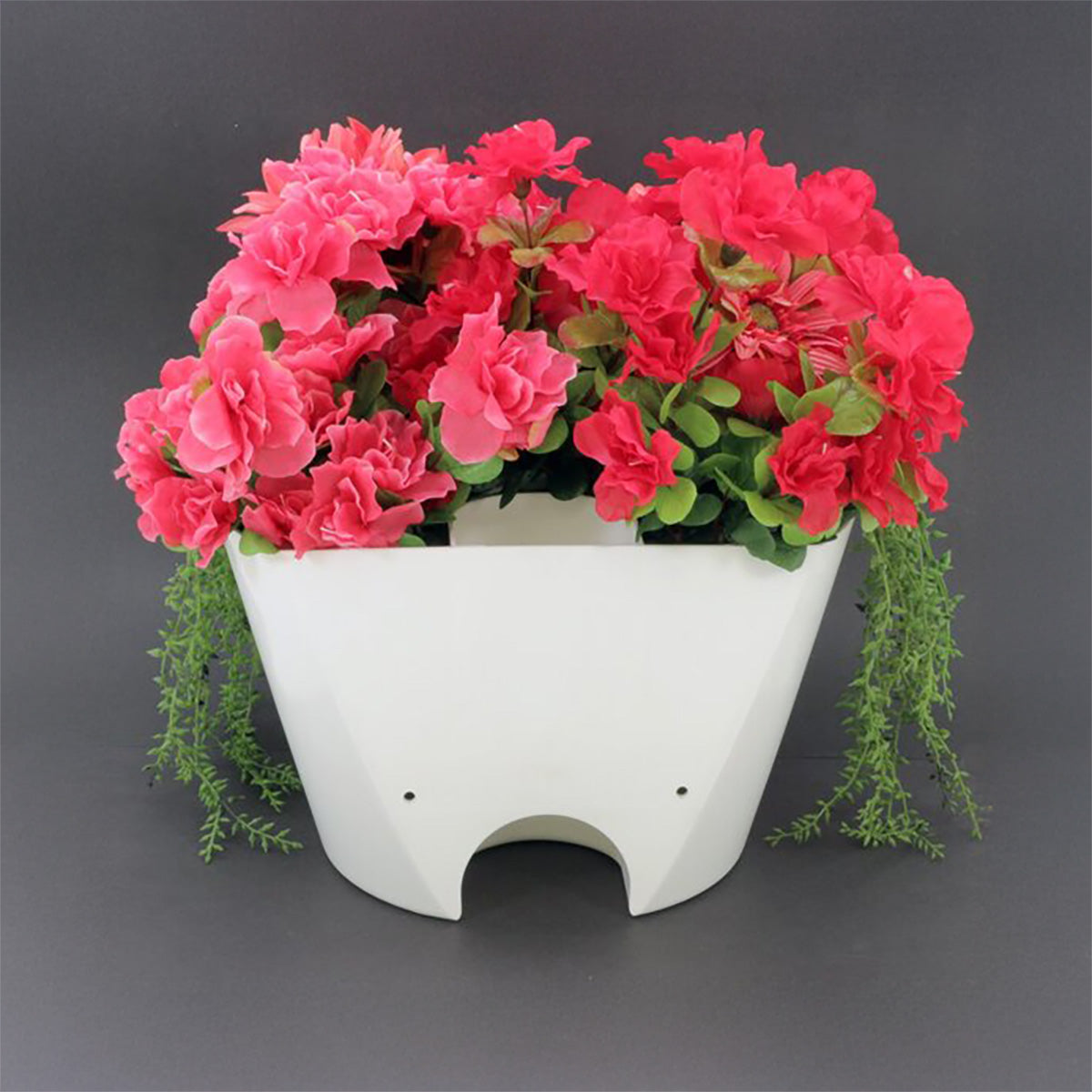 White planter with pink flowers on a gray background