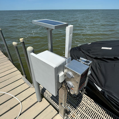 Solar panel and electronic equipment on a dock by the water