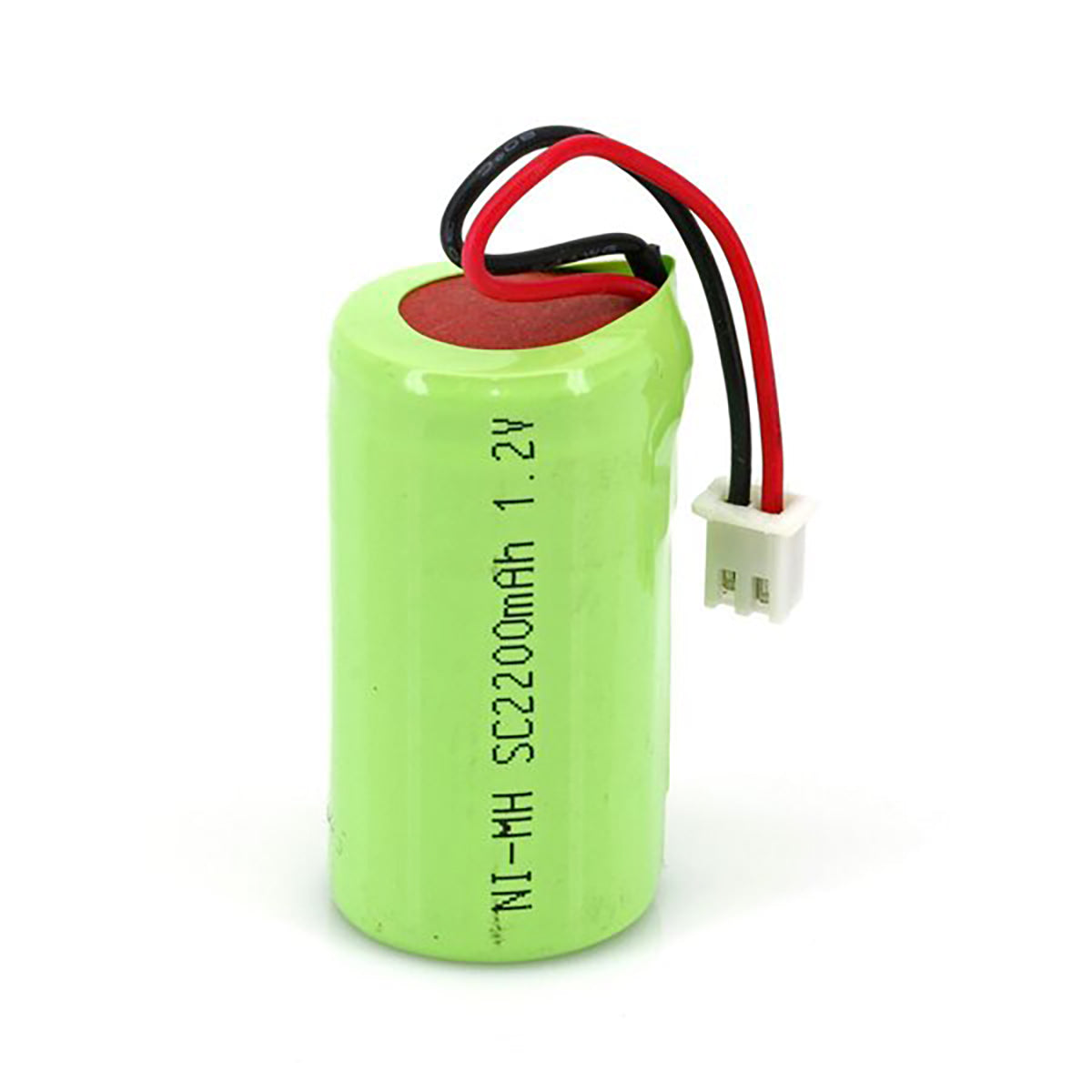 Green battery with red and black wires on a white background