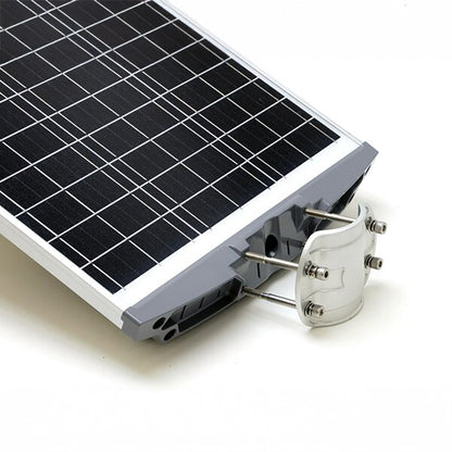 Solar panel with mounting bracket on a white background