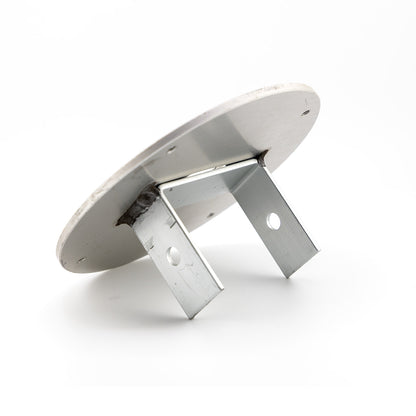 Metallic object with a circular top and rectangular base on a white background