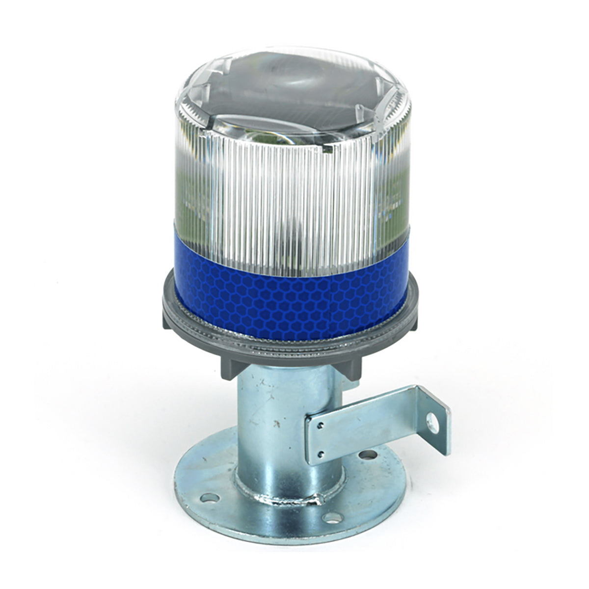 Industrial warning light with blue base and clear top on a white background