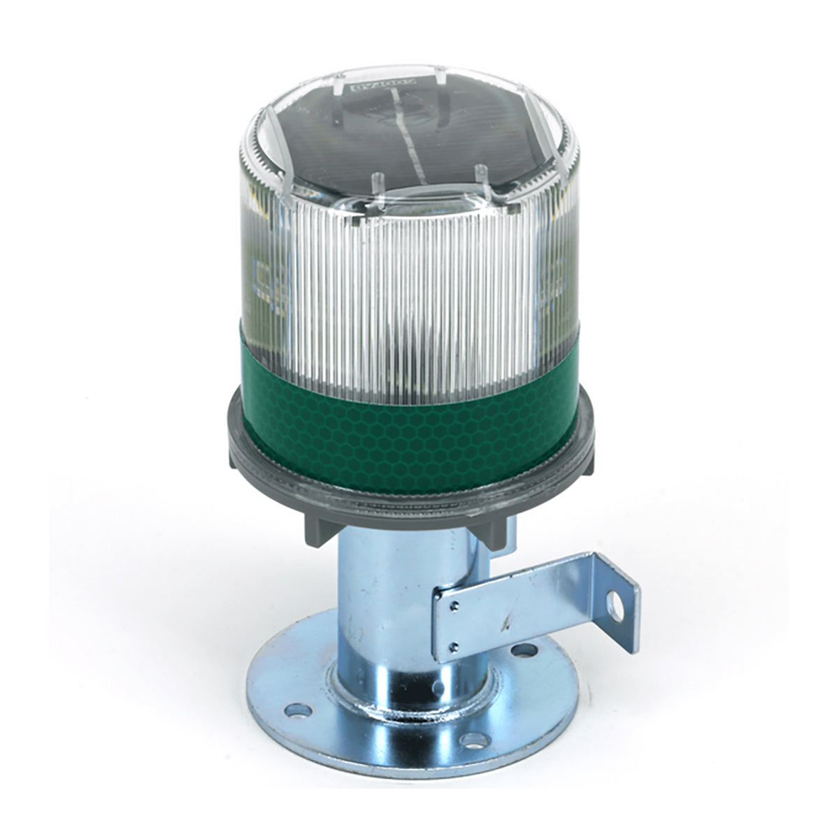 Industrial signal light with green base and clear top on a white background