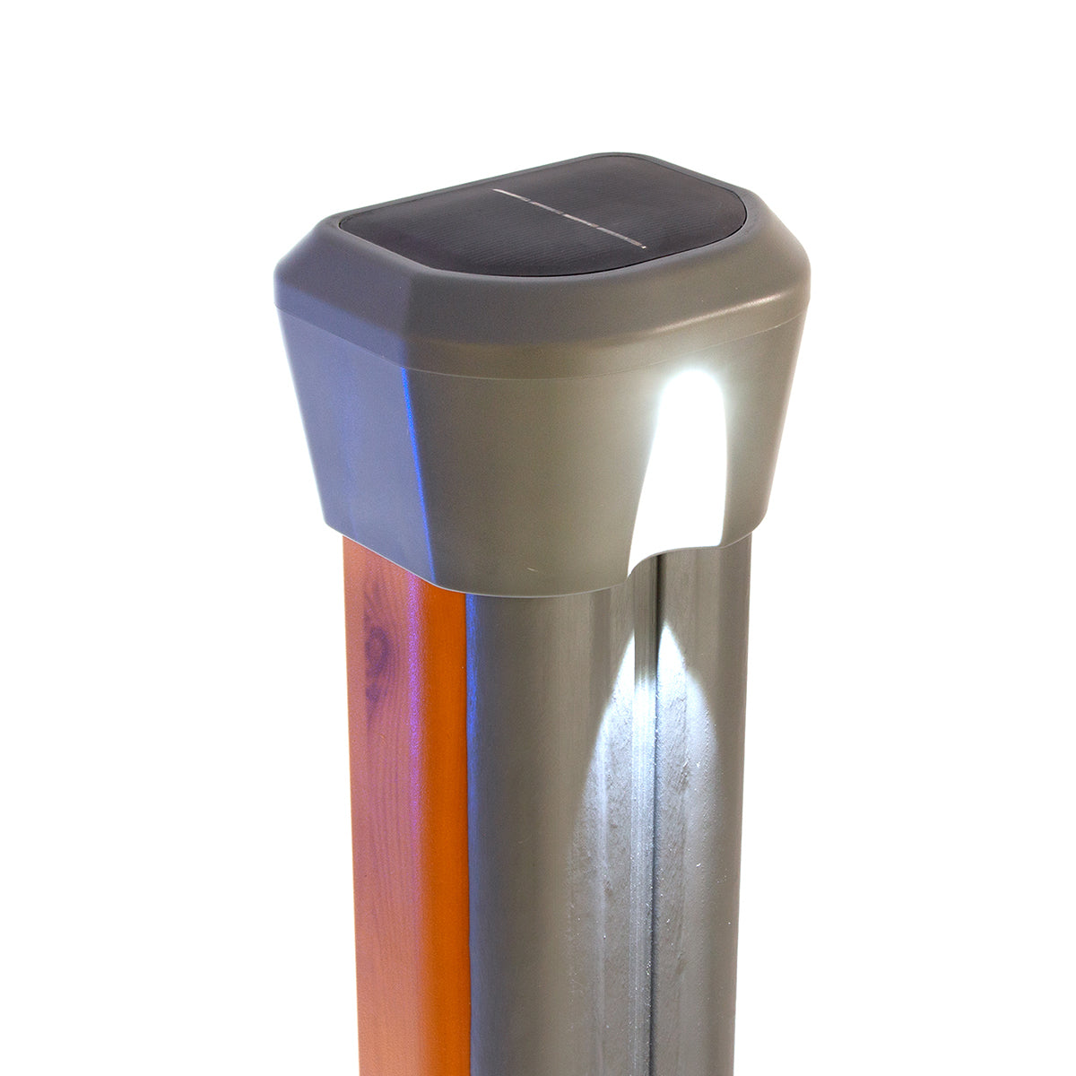 Solar-powered post light on a white background