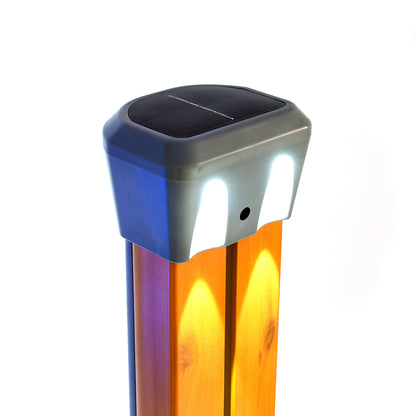 Solar-powered outdoor light with wooden design on a white background