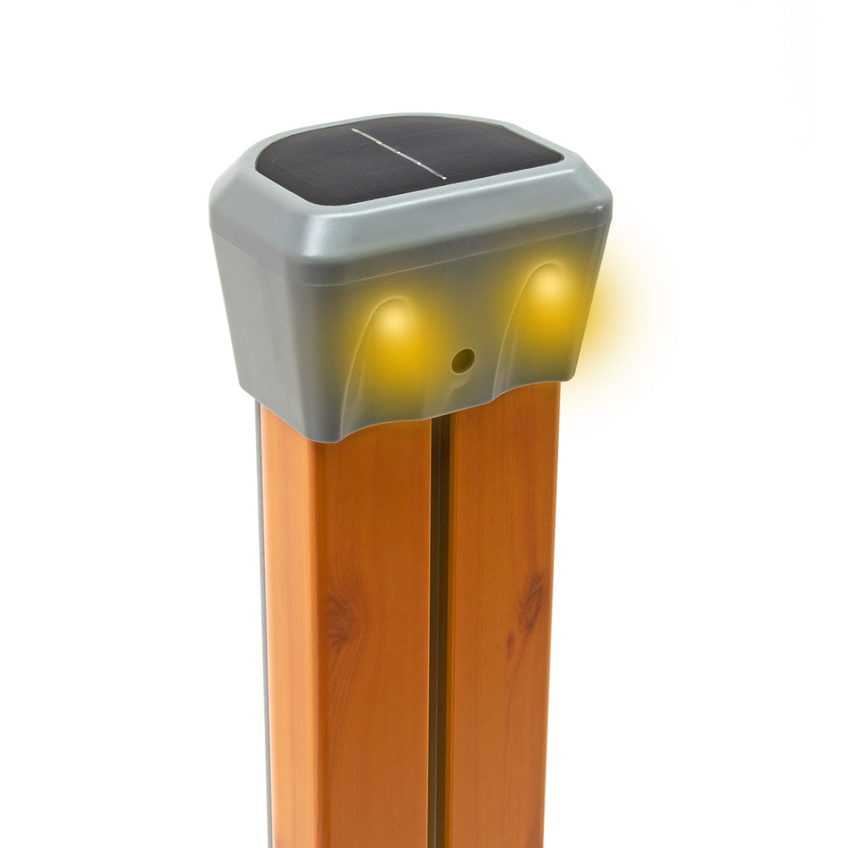 Solar-powered outdoor light fixture on a wooden post with a white background
