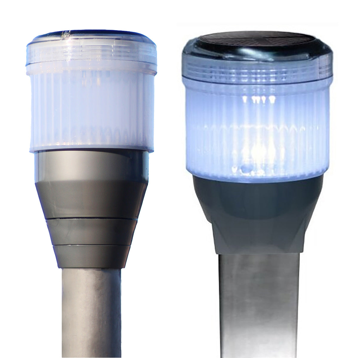 Two solar-powered outdoor lights on white background