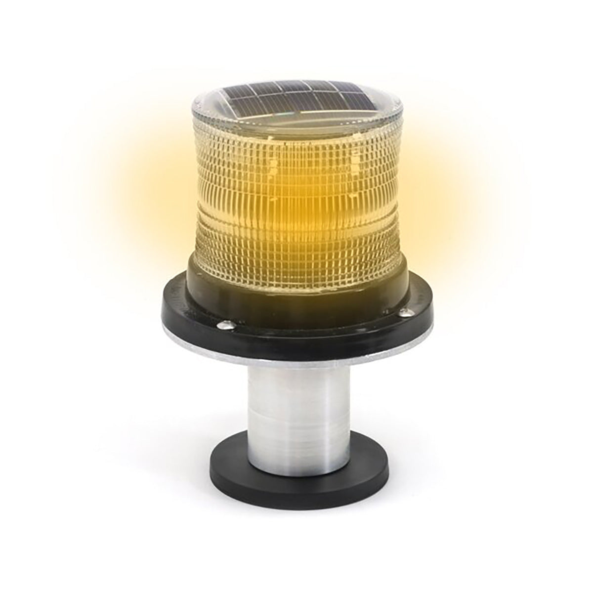 Solar-powered LED lamp with yellow light on a white background