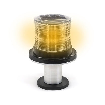 Solar-powered LED lamp with yellow light on a white background